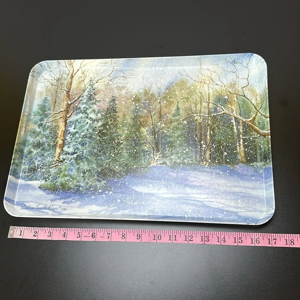 Melplus R2S Monza Artist Signed Snowy Winter Scene Trees Serving Tray Italy 90’s
